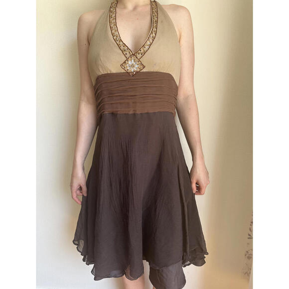 Vintage Brown Silk Halter Formal Dress - Picture 1 of 9